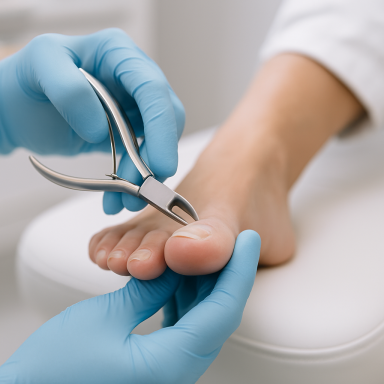 Manos con guantes azules usando un alicate en un pie humano para tratamiento de uñas.